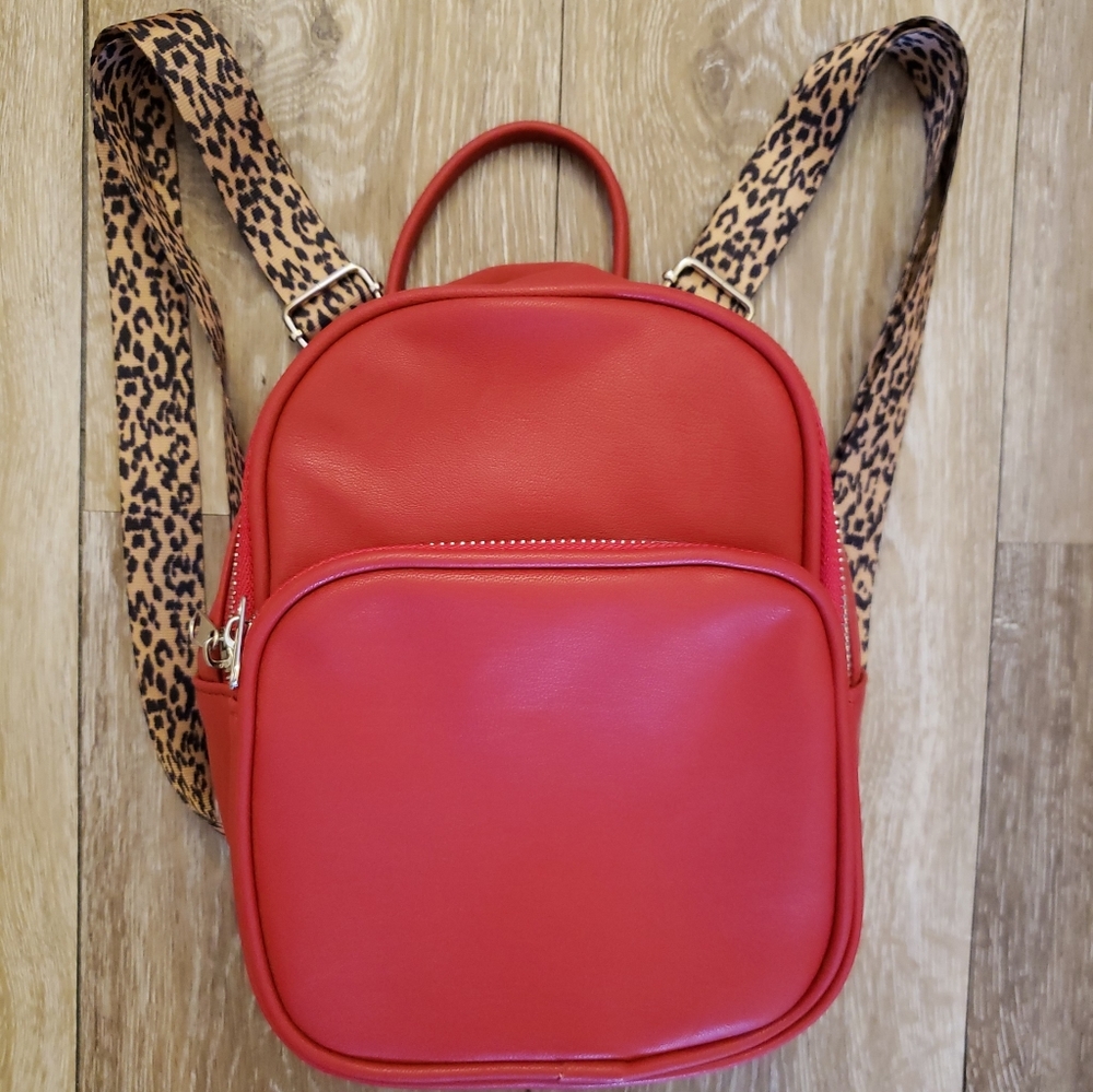 Red and leopard faux leather girl backpack